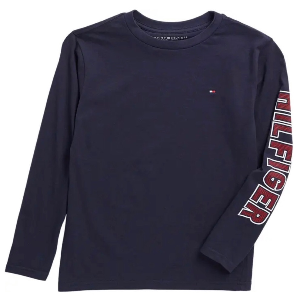 NWT Tommy Hilfiger Long-Sleeved T-Shirt, Boys 12-14, Navy Blue w/ Red-White Logo
